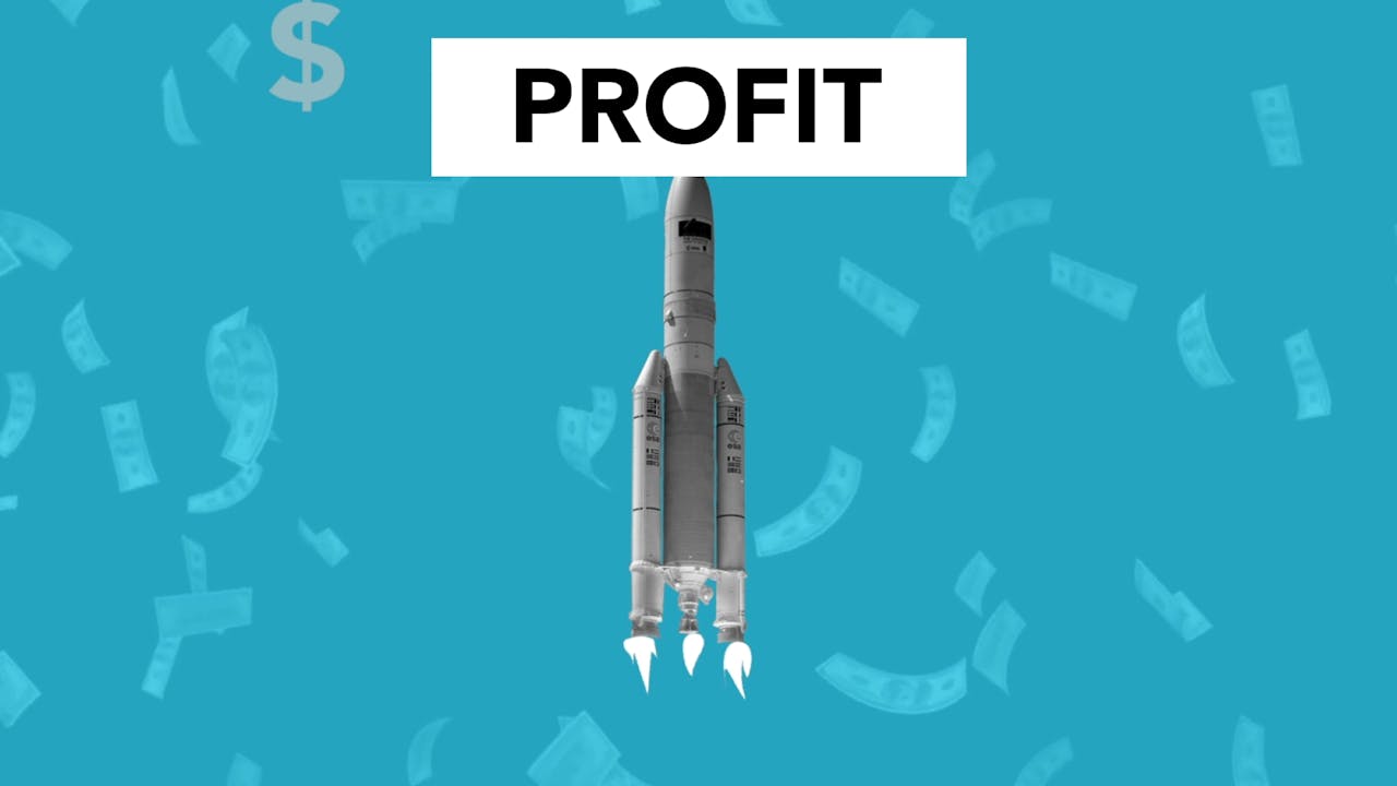 Creative illustration representing economic profit concept with flying rocket among falling dollar cash